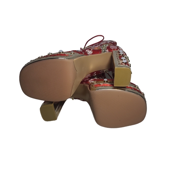 Womens Platform High Heels Square Toe Pearl Lace Strap Rivet Decor Boots 38(7.5) - Picture 10 of 13